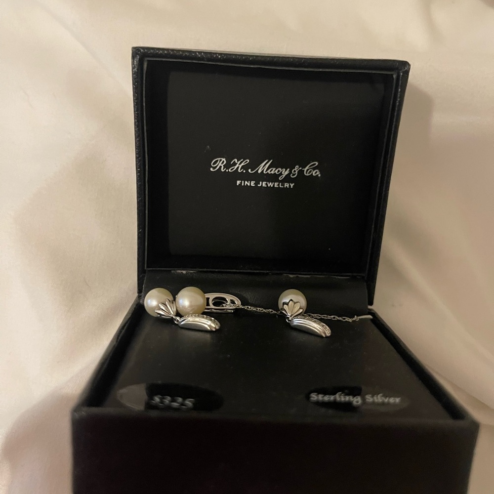 Macy's Sterling Silver and Pearl Earring Set - Picture 3 of 3